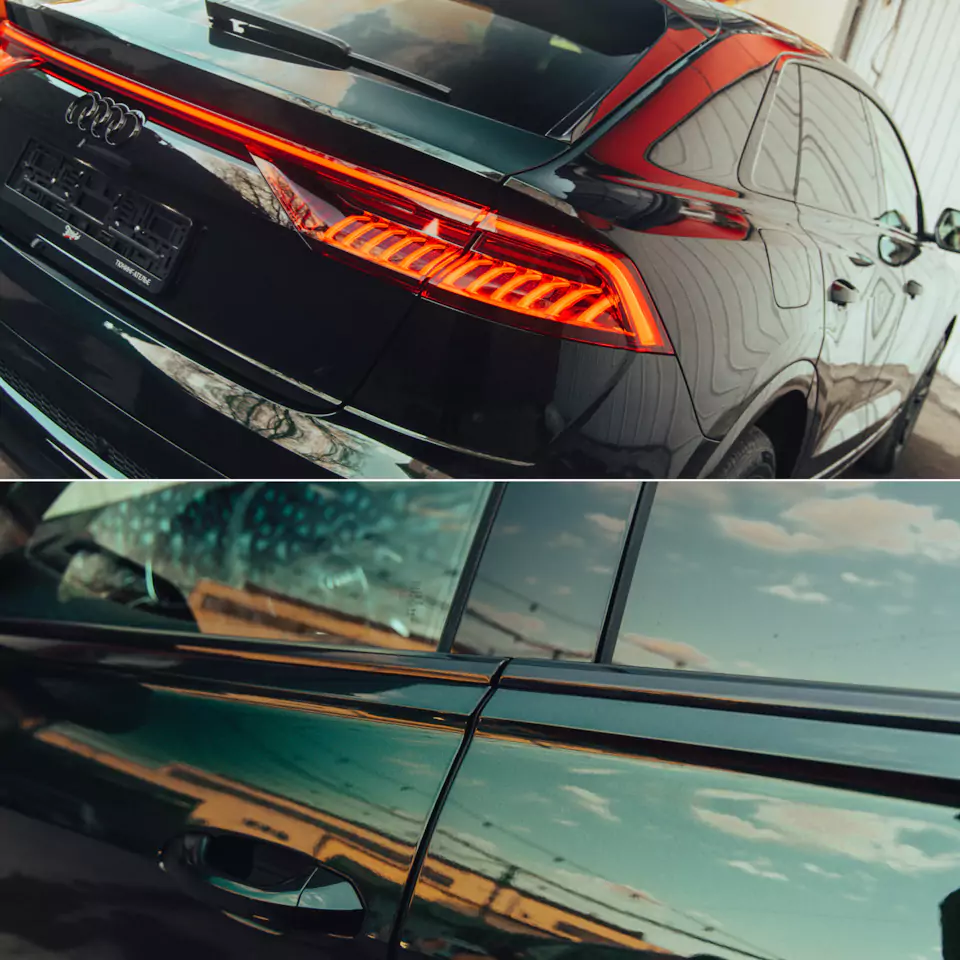 Месяц работы над новым Audi Q8, который 2 года простоял в Дубае! Оклейка в цветной полиуретан с проемами, окрас дисков и фирменный шиномонтаж, окрас суппортов в candy с лого, антихром, детейлинг